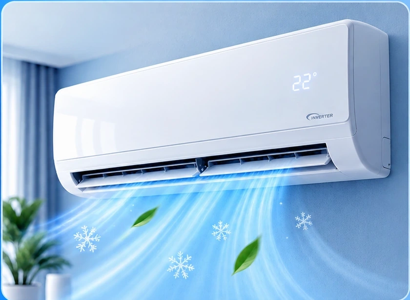 Modern wall-mounted inverter air conditioner providing cool airflow