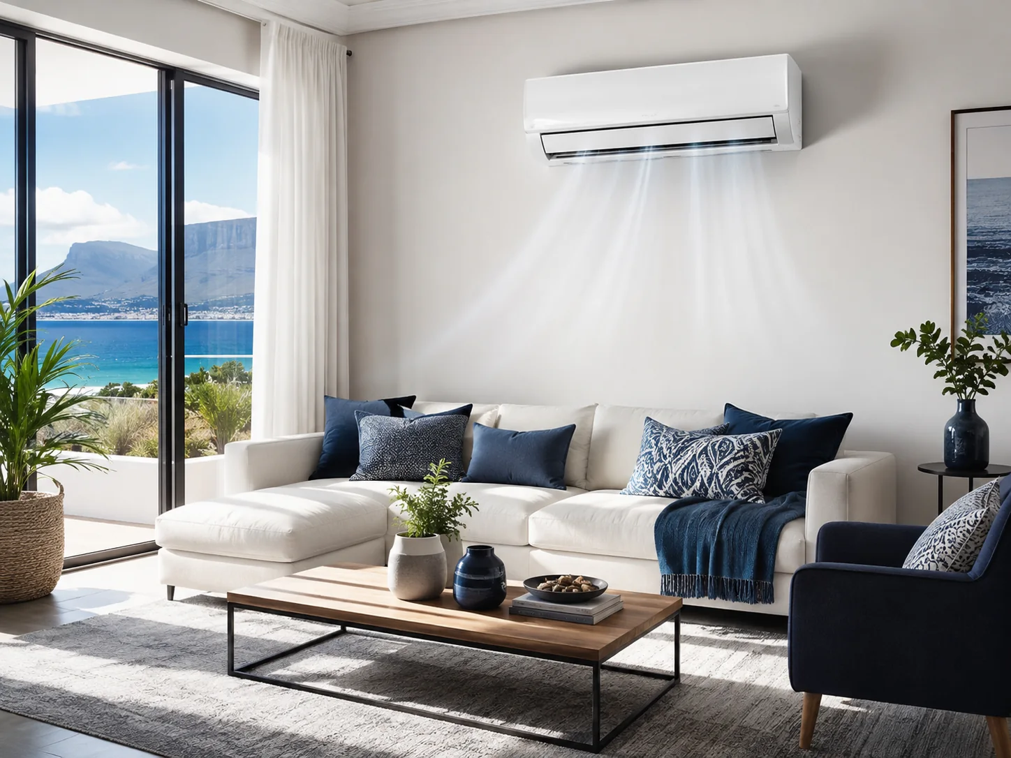 Modern living room with wall-mounted air conditioner